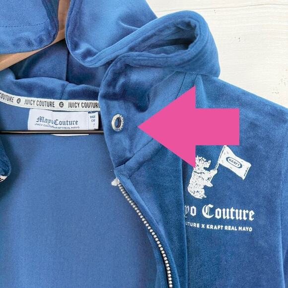 Juicy Couture x Kraft Real Mayo S Collab Velour Hoodie Blue Y2K NO Drawstring - Picture 7 of 16